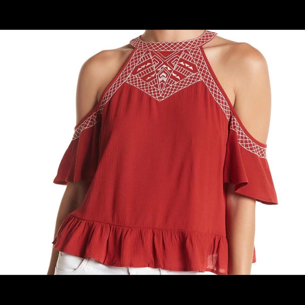 Love Fire Cold Shoulder Ruffled Embroidered Trim